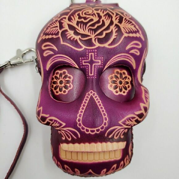 Sugar Skull Leather Wristlet Small Purple Coin Purse Keychain Calavera Wallet - Picture 4 of 16